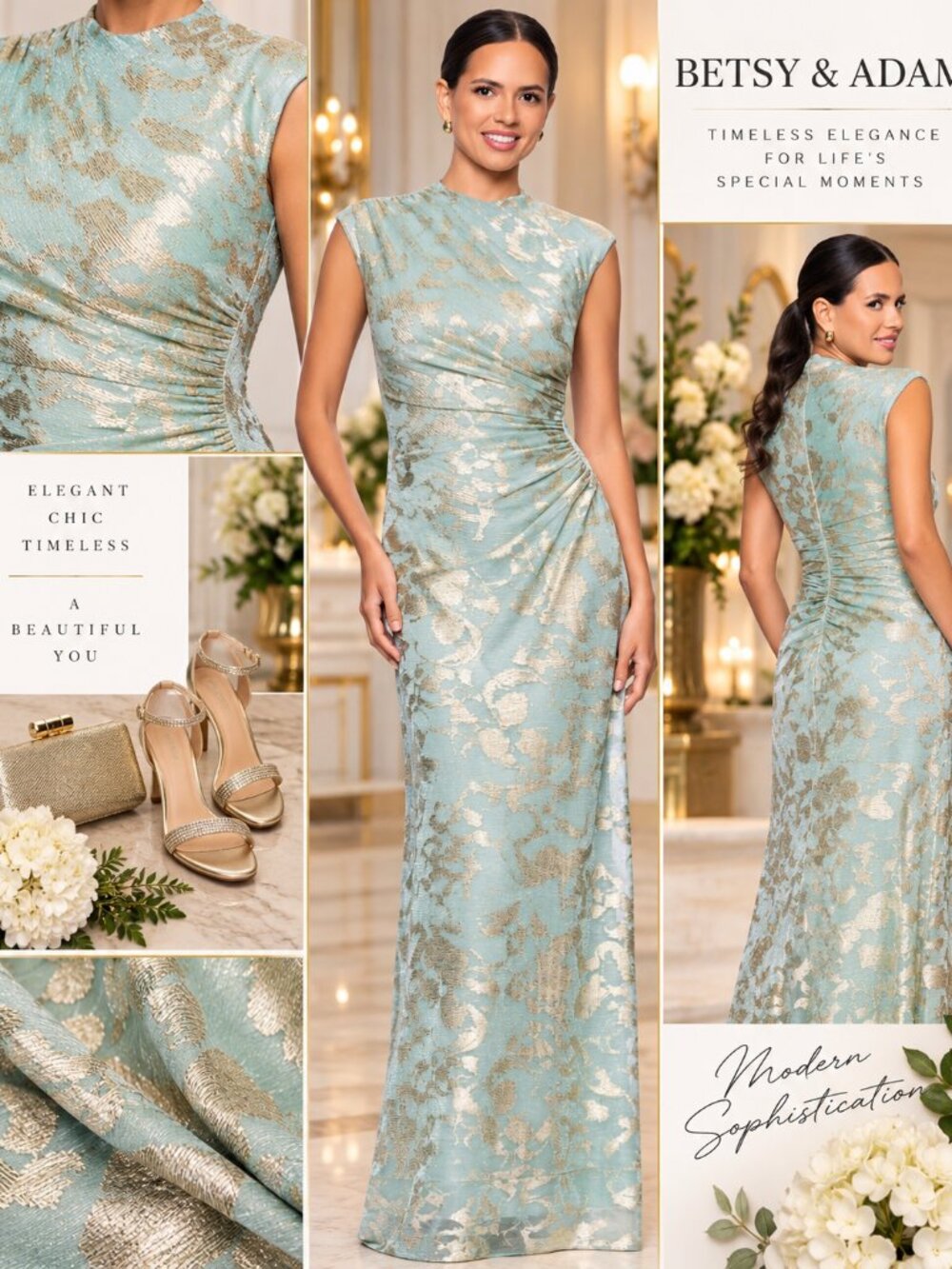 Betsy & Adam Sage Gold Metallic Floral Mock Neck Formal Evening Gown Size 8 NWT
